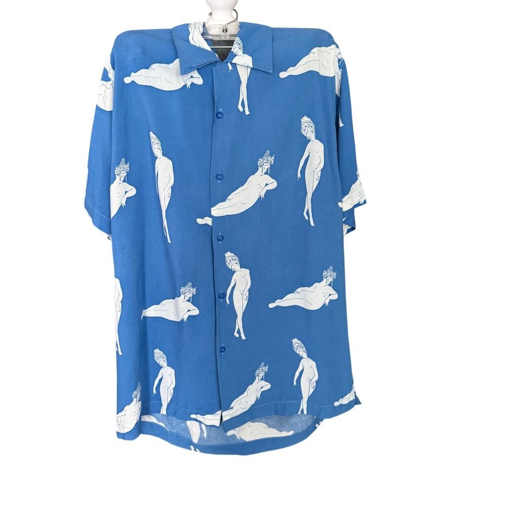 Man By Manikan Blue Button-Up Shirt With White Artistic Print Short Sleeve M
